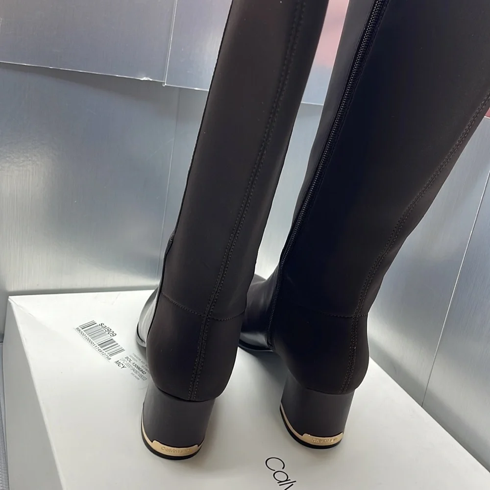 COPY - BNIB Calvin Klein Freda Cow Lather Silk neoprene Brown Long Riding Boot… - Picture 7 of 11
